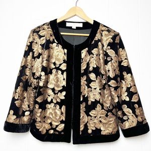 Boston Proper Velvet Black Gold Floral Sequined Cropped Jacket 3/4 Sleeve Size12
